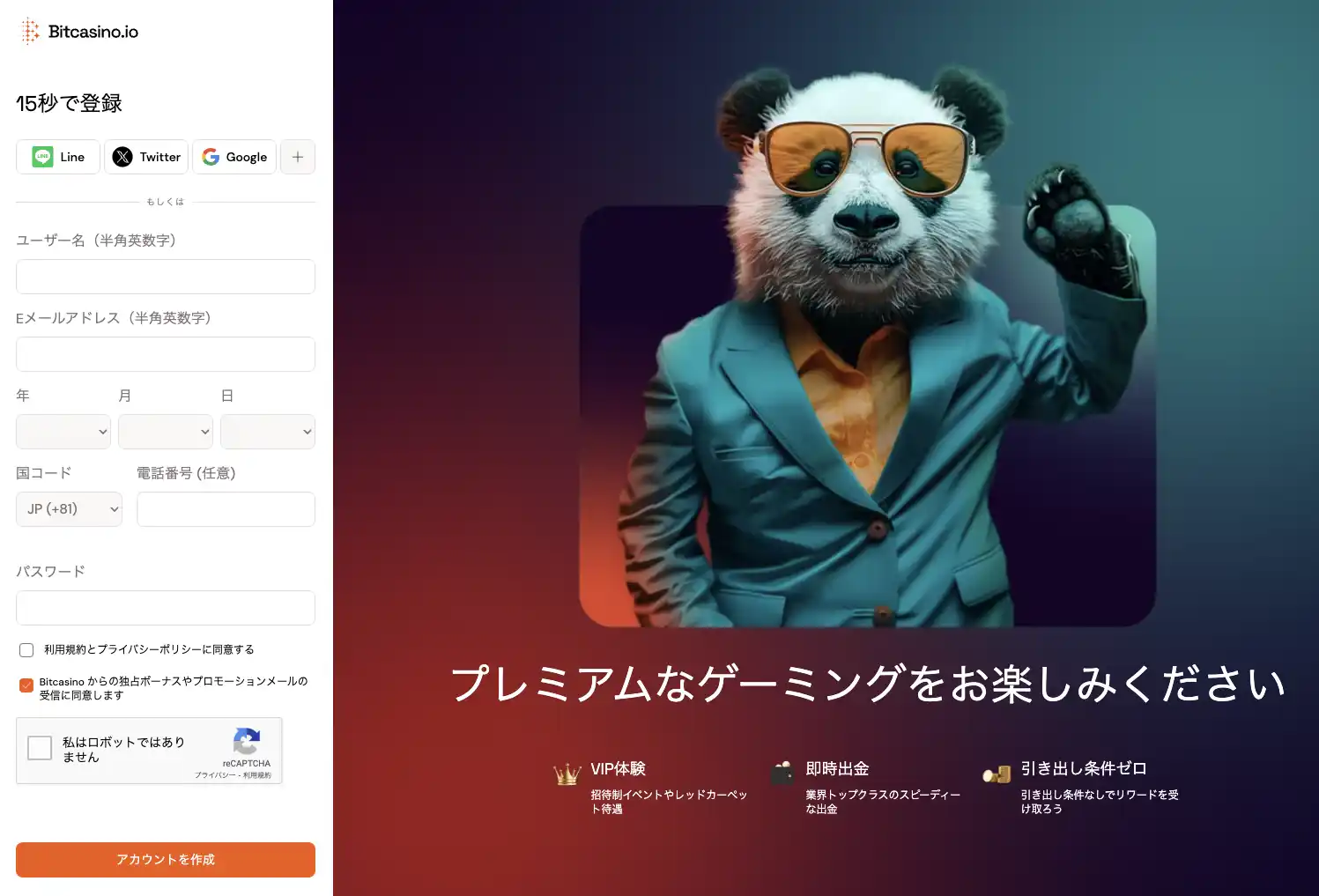 ビットカジノの登録画面の画像